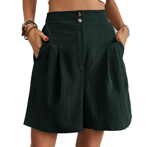 Jupe-short taille haute unie pour femme, coupe ample, style décontracté, en tissu Oxford de coton respirant, avec fermeture boutonnée - Product Image 1