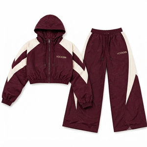 Ensemble de survêtement coupe-vent à capuche bordeaux pour femme Vocksin, veste zippée imperméable et pantalon large, tenue de sport 100% - Product Image 5