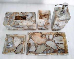 Natural Marble Agate Stone Bath Accessories Set of 5 Includes Soap Dispenser <b>Toothbrush</b> <b>Holder</b> Tray Tumbler Bathroom Set - Product Image 1