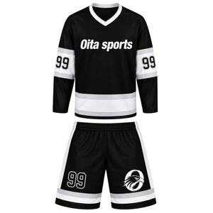 Conjunto de Hockey sobre Hielo Sublimado Negro para Hombre, Jersey y Pantalones Cortos de Poliéster a Rayas, Uniforme Deportivo para Entrenamiento y Partidos - Product Image 1