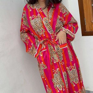 Bata Kimono de Algodón con Estampado de Tigre para Mujer, Bata de Baño Roja Estilo Boho, Kimono Ligero de Verano, Túnica de Playa, Ropa de Estar por Casa - Product Image 4