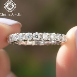 Charm_Jewells Women's 925 <b>Silver</b> Moissanite Eternity <b>Band</b> <b>Ring</b> Round Brilliant Cut Pave Setting Classic Style Wedding <b>Ring</b> - Product Image 2