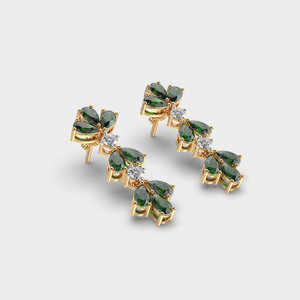 Flower Shape Drop <b>Earrings</b> With Green Gemstones And Round Brilliant Cut <b>Diamonds</b> 18K Gold Plated Women's Luxury Jewelry - Product Image 3