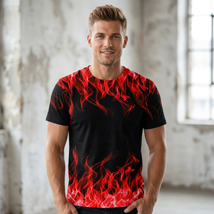 Camiseta de Manga Corta con Cuello Redondo para Hombre, con Estampado de Llamas Rojas, Transpirable, Corte Regular, Ropa Casual - Product Image 4