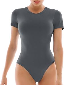 Combinaison pour femme à manches courtes, col rond, couleur unie, extensible, vêtements de sport, coupe ajustée, toutes saisons, tricot en spandex et coton - Product Image 5