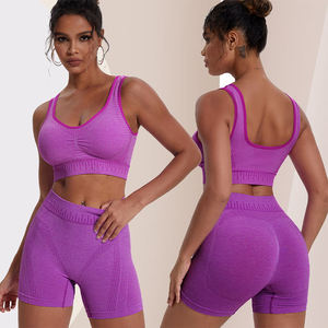 Ensemble de yoga sans couture taille haute pour femme, soutien-gorge de sport dos nageur violet uni et short en maille respirant en Spandex et Polyester, 2 pièces - Product Image 1