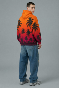 Sudadera con capucha informal para hombre, diseño OEM ODM, estampado de palmeras en degradado naranja, con bolsillo canguro y logotipo personalizado. - Product Image 4