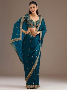 Sari brodé bleu, tenue ethnique traditionnelle pour femmes, bordure florale, dupatta, tenue de fête et de mariage - Product Image 5