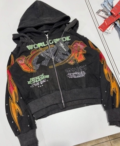 Men's <b>Black</b> Hooded Crop Zipper <b>Sweatshirt</b> With Flame Print And Rhinestone Logo Streetwear Style Oversized Fit Autumn Wear - Product Image 5