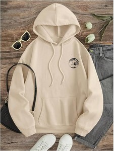 Sweat-shirt à capuche beige avec imprimé lettres, poche avant, coupe décontractée oversize, unisexe, pour l'hiver, en molleton 100% coton anti-boulochage - Product Image 1