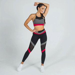<b>Women</b> 2 Piece Yoga Set High Waist Leggings Crop <b>Top</b> Racerback Color Blocking <b>Mesh</b> Spandex Polyester Full Length Seamless - Product Image 2