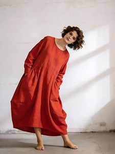 <b>Boho</b> Ladies Solid Red Loose Cotton <b>Dress</b> <b>Long</b> Sleeve Round Neck Casual Everyday Maxi <b>Dress</b> - Product Image 2