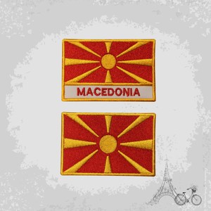 Parche Termoadhesivo Rectangular de Lona Ecológica con la Bandera de Macedonia Bordada, con Nombre del País y Diseño de Sol, para Uso Personalizado - Product Image 1
