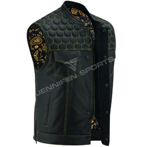 Gilet unisexe personnalisé en cuir pleine fleur véritable pour motard, coupe diamant, sans manches, avec poches intérieures et doublure bandana - Product Image 3