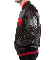 Veste universitaire en satin noir personnalisée pour hommes, veste bomber avec patch en lettres rouges, vente en gros, vêtements de sport de baseball