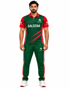 Conjunto de Uniforme de Cricket Sublimado Personalizado, Unisex, de Secado Rápido, Transpirable, Ligero, Antibacteriano, Estilo Verde y Rojo en Contraste - Product Image 1