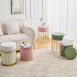 Set di 2 Pouf Rotondi in Velluto con Contenitore, Sgabello Imbottito per Toeletta, Poggiapiedi con Coperchio Rimovibile, Tavolino Laterale in MDF per Soggiorno - Product Image 6