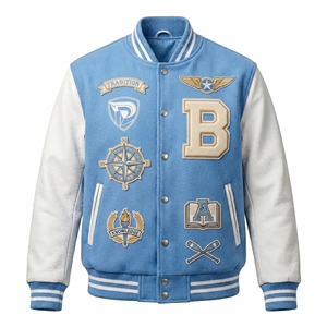 Chaqueta Varsity Azul Claro para Hombre Dumela, Estilo Preppy, Insignia Bordada, Cierre de Botones Frontales, Ropa de Invierno, Resistente al Viento - Product Image 1