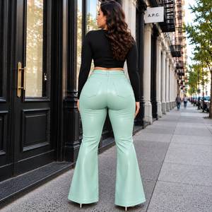 Pantalones de Moda con Cinturón para Mujer, Pantalones Anchos de Piel de Oveja Genuina - Product Image 6