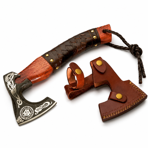 Hacha Tomahawk Hecha a Mano con Mango de Madera y Envoltura de Cuero, Hoja de Acero Forjado para Uso en Exteriores - Product Image 1