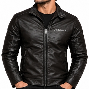 Men <b>Leather</b> <b>Jacket</b> Classic <b>Jacket</b> Style Front Zip Closure Stand Collar Design <b>Long</b> Sleeve Style Side Pocket Detail Modern Black - Product Image 2