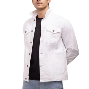<b>Men's</b> White Denim <b>Jacket</b> Stand Collar Casual Cotton Washed Regular Fit Single Breasted <b>Jacket</b> Autumn Wear - Product Image 1