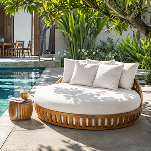 Chaise longue ronde de luxe en teck pour l'extérieur avec coussin pour hôtel, complexe hôtelier, bord de piscine, villa, jardin - Product Image 1
