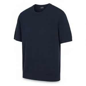 T-shirt à manches courtes pour homme, bleu marine, col rond, coupe classique, en coton tricoté, vêtements décontractés - Product Image 3