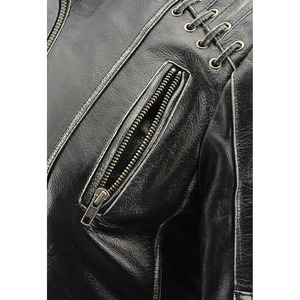 SAMROZ SPORTS Women's 'Elegant' Distressed Gray Detail Laced Leather Jacket - Product Image 2