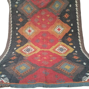 Alfombra Kilim Artesanal Reversible de Lana y Yute Ecológica con Diseño Tribal - Geométrica Bohemio Vintage de Pelo Medio - Product Image 1