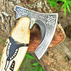 Handmade Industrial Viking Bearded <b>Axe</b> Engraved Carbon Steel Head Carved Ash <b>Wood</b> Handle Full Tang Bushcraft Hatchet DIY - Product Image 3