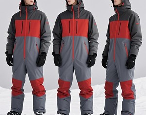 Combinaison de ski et de snowboard imperméable pour homme, couleur gris et rouge, à blocs de couleur, avec capuche, fermeture éclair, isolation synthétique, technologie Gore-Tex - Product Image 4