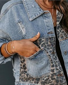 Women's Leopard Print <b>Denim</b> <b>Jacket</b> Casual Loose Fit Stonewashed Distressed Cotton Jean Coat Autumn Style - Product Image 3