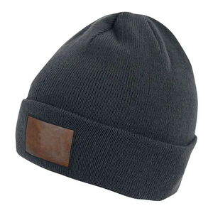 Bonnet unisexe en tricot 100 % acrylique, couleur unie, pour adulte, style décontracté, noir avec patch en cuir - Product Image 2