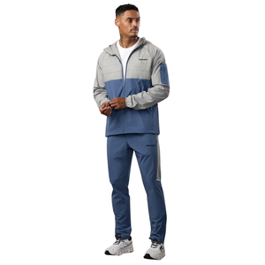 Ensemble de survêtement décontracté pour homme, bleu gris, avec blocs de couleur, veste zippée et pantalon, vêtements de sport pour activités de plein air - Product Image 1