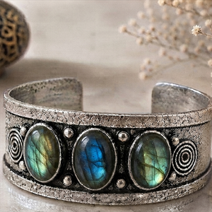 Natural Labradorite Three Stone Wide <b>Cuff</b> Bangle Handmade Gold/<b>Silver</b> Plated Brass Adjustable Vintage Unisex Classic Statement - Product Image 5