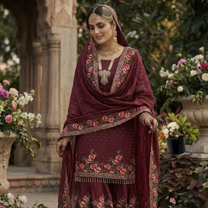 Conjunto Sharara de Primera Calidad con Bordado Intenso y Lentejuelas, con Elegante Dupatta - Product Image 1