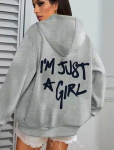 Sudadera con capucha extragrande para mujer, con estampado de letras 'I'm Just A Girl' en la espalda, estilo casual para otoño e invierno - Product Image 5
