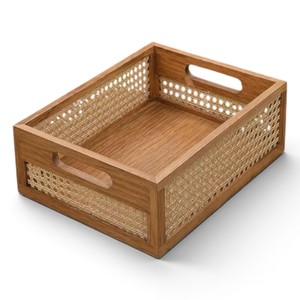Handmade Wooden <b>Basket</b> with Bamboo Weave <b>Storage</b> Organizer Decorative Multipurpose <b>Basket</b> Tray - Product Image 1