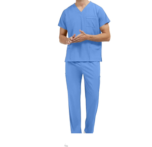 Women's Blue V-Neck Cotton <b>Scrub</b> <b>Set</b> with Pockets Woven Fabric Needle Detection for Hospital Use - Product Image 1