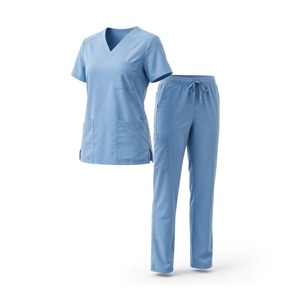 Ensemble uniforme respirant en polyester pour femmes, comprenant un haut de blouse bleu clair à col en V avec poches et un pantalon à cordon de serrage - Product Image 5