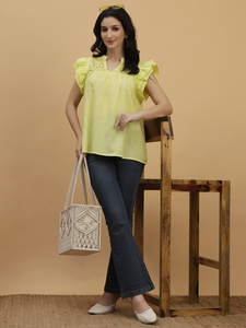 Women's Yellow Linen Blouse With Ruffles Cap Sleeve V-<b>Neck</b> Casual Loose Fit Spring Summer <b>Top</b> - Product Image 4