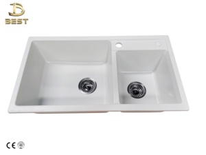 Évier de cuisine double en quartz noir de fabrication vietnamienne, épaisseur 10 mm, à encastrer, personnalisé, avec égouttoir et robinet, style moderne - Product Image 4