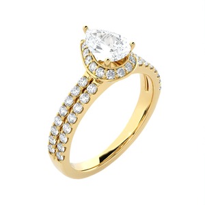 Anillo de Compromiso con Diamante Cultivado en Laboratorio de 5 Quilates, Corte Pera, Oro Amarillo, Halo, Banda Doble con Pavé, Anillo de Boda - Product Image 3