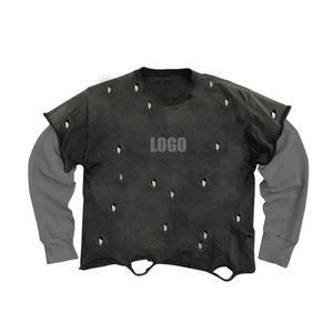 High Quality T-Shirt Heavyweight Cotton Distressed Drop Shoulder <b>Tshirt</b> Boxy 2 in 1 Long Sleeve T Shirt for Men - Product Image 1