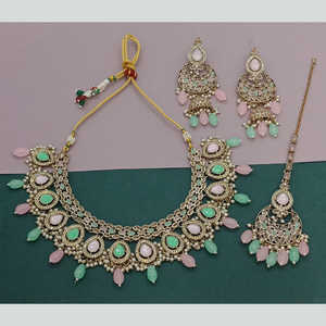 Juego de Collar con Cuentas y Piedras Kundan Verdes y Rosas Chapadas en Oro de Jewelemarket, Joyería de Moda 10581248PGR - Product Image 1