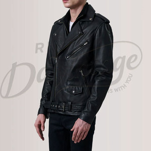 Veste de motard en cuir noir pour homme, classique, double fermeture éclair, en véritable peau de mouton, coupe ajustée, automne-hiver, avec ceinture - Product Image 4