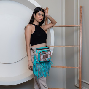 New Fashion Tooled Hair-On Genuine Leather Women Fanny Pack Western Turquoise Floral Cowhide Bum Bag Cowgirl Waist <b>Pocket</b> <b>Belt</b> - Product Image 3