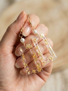 Handmade Resin Earrings With Gold Leaf And Pearl Luxury Style Clear Rectangular <b>Drop</b> Earrings - Product Image 2