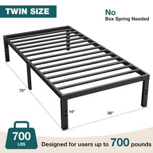 Base letto singola da 14 pollici - Piattaforma in metallo resistente, spazio contenitore sotto il telaio, non necessita di rete a doghe, letto singolo nero - Product Image 5